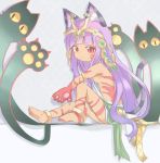  1girl animal_ears anklet armlet bare_shoulders barefoot bastet_(p&amp;d) breasts cat cat_ears cat_tail claws colored_eyelashes dark_skin dress egyptian facial_mark headpiece jewelry long_hair naya paws purple_hair puzzle_&amp;_dragons red_eyes sideboob sitting solo tail very_long_hair white_dress 