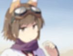  1girl animal_ears animated animated_gif blinking blush brown_eyes brown_hair bust fox_ears goggles goggles_on_head haori hashigo japanese_clothes katou_keiko looking_at_viewer lowres open_mouth scarf short_hair smile solo strike_witches vambraces 