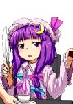  1girl arm body_offscreen cup feathers frilled_sleeves frills gerijita long_hair mob_cap patchouli_knowledge purple_hair table tea teacup touhou violet_eyes 