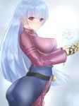  1girl ass blue_hair bodysuit breasts flower gloves king_of_fighters kula_diamond large_breasts long_hair looking_at_viewer red_eyes rose solo very_long_hair yaman_(yamanta_lov) 
