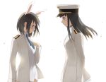  2girls animal_ears artist_self-insert black_eyes black_hair blush female_admiral_(kantai_collection) hat highres kantai_collection kisetsu military military_uniform multiple_girls naval_uniform necktie open_mouth rabbit_ears strike_witches uniform 