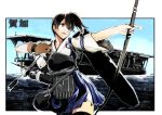  1girl arrow bow_(weapon) brown_hair character_name clouds japanese_clothes kaga_(aircraft_carrier) kaga_(kantai_collection) kantai_collection ocean pleated_skirt short_hair side_ponytail skirt sky solo syatey thigh-highs weapon zettai_ryouiki 