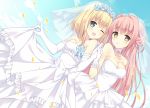  2girls ;d bare_shoulders bekotarou blue_eyes breasts choker clouds collarbone dress dress_lift gloves holding_hands long_hair looking_at_viewer multiple_girls one_eye_closed open_mouth original petals pink_hair short_hair sky smile strapless_dress veil very_long_hair wedding_dress white_dress white_gloves yellow_eyes 