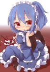  1girl alternate_costume alternate_hairstyle apron backless_outfit bat_wings blue_dress blue_hair blush broken_cup cup dress enmaided fang highres kisa_(k_isa) looking_at_viewer looking_back maid maid_apron maid_headdress ponytail red_eyes remilia_scarlet sitting solo tears touhou wariza wings 