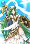  1girl armlet bangle bare_shoulders blush bracelet breasts closed_mouth daniel_macgregor dress green_eyes green_hair jewelry kid_icarus lips long_hair necklace nintendo palutena scepter shield side_slit solo strapless_dress thigh-highs very_long_hair white_dress white_legwear 