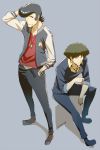  2boys black_hair cigarette cowboy_bebop crossover dandy_(space_dandy) jacket looking_at_viewer male multiple_boys nagian necktie pompadour smile smoke space_dandy spike_spiegel 