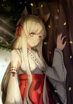  1girl animal_ears bow breasts fox_ears frown hair_bow hair_ornament highres japanese_clothes leaf looking_at_viewer miko original red_clothes ryuu_(kichikutie23) sky solo symbol-shaped_pupils tree white_clothes white_hair yellow_eyes 