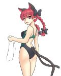  1girl animal_ears ass braid cat_ears cat_tail competition_swimsuit gomi_(gomitin) kaenbyou_rin looking_back multiple_tails one-piece_swimsuit red_eyes redhead swimsuit tail touhou towel twin_braids two_tails 