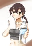  1girl absurdres blush bottle breasts brown_hair gertrud_barkhorn highres hiroshi_(hunter-of-kct) long_hair looking_at_viewer midriff outstretched_hand smile solo sports_bra strike_witches sweat towel twintails water_bottle 