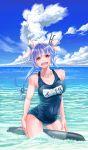  blue_hair blue_sky breasts cleavage clouds collarbone contrapposto cowboy_shot hair_ornament hair_ribbon hand_on_hip highres i-19_(kantai_collection) kantai_collection looking_at_viewer manmachine name_tag ocean open_mouth ribbon school_swimsuit sky swimsuit torpedo wading water 