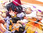  1girl ascot black_hair fan grin hand_on_hip hat red_eyes shameimaru_aya shinapuu short_hair skirt smile solo tokin_hat touhou wind 