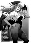  1girl bangs bare_shoulders bat_print bat_wings breasts bridal_gauntlets cleavage demon_girl feathers hand_on_hip hand_on_own_chest highleg highleg_leotard highres kawakami_rokkaku leotard long_hair looking_at_viewer monochrome morrigan_aensland one_eye_closed open_mouth pantyhose payot smile solo succubus translation_request vampire_(game) very_long_hair wings 