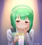  1girl blush chin_rest glass green_hair hairband idolmaster mole nagian otonashi_kotori red_eyes short_hair smile solo 