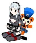  1girl artist_request barcode bear breasts freedom_wars hat headphones knees_together_feet_apart long_hair long_sleeves mascot necktie panties pantyshot pantyshot_(sitting) prisoner propa-kun sign silver_hair sitting small_breasts thigh-highs togabito translated underwear 