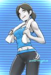 1girl :q black_hair closed_mouth daniel_macgregor grey_eyes licking_lips looking_at_viewer midriff nintendo pants solo spandex sweatpants tank_top toned tongue tongue_out towel towel_around_neck wii_fit wii_fit_trainer 