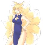  1girl animal_ears armpits blonde_hair breasts china_dress chinese_clothes cleavage cleavage_cutout fox_ears fox_tail gomi_(gomitin) hands_on_hips looking_at_viewer multiple_tails no_panties orange_eyes short_hair sketch smile smirk solo tail touhou wide_hips yakumo_ran 