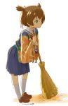  1girl blue_eyes blush broom brown_hair hitotsubashi_yurie japanese_clothes kamichu! nagian school_uniform serafuku short_hair skirt solo 