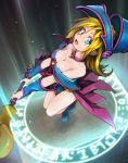  1girl bare_shoulders blonde_hair blush_stickers breasts choker cleavage dark_magician_girl duel_monster glowing green_eyes hat highres large_breasts long_hair magic_circle nanjin open_mouth pentacle solo staff wizard_hat yuu-gi-ou 