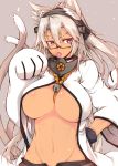 1girl animal_ears bell between_breasts blazblue breasts brown_hair candy cat_ears cat_tail chupa_chups commentary dark_skin glasses gloves hand_on_hip headgear jingle_bell kantai_collection kokonoe kokonoe_(cosplay) large_breasts lollipop long_hair mouth_hold multiple_tails musashi_(kantai_collection) open_fly paw_pose red_eyes ro-ga_(kurumaya) short_hair solo tail under_boob unzipped 