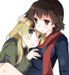  2girls abenattou arm_support blonde_hair blush brown_eyes brown_hair caesar_(girls_und_panzer) carpaccio dress_shirt girls_und_panzer green_eyes hand_on_another&#039;s_chest hand_on_another&#039;s_head hug jacket long_hair long_sleeves looking_at_another military military_uniform multiple_girls scarf shirt short_hair sitting sweatdrop uniform yuri 