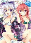  2girls bikini bow breasts cleavage collarbone face_mask floral_print flower green_bikini hair_bow hair_flower hair_ornament hata_no_kokoro japanese_clothes kimono kuzumomo mask mononobe_no_futo multiple_girls navel off_shoulder open_clothes open_kimono pose redhead silver_hair sitting smile swimsuit touhou v violet_eyes water white_bikini white_swimsuit 