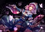  1girl arm_strap blue_dress butterfly darkness dress dual_persona fan folding_fan ghost hat kiyomasa_ren long_sleeves open_mouth pink_eyes pink_hair saigyouji_yuyuko sash solo touhou tree triangular_headpiece veil wide_sleeves 