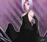  1girl ass breasts dress elbow_gloves extra_eyes from_behind gloves highres insect_girl lavender_hair loen-lapae looking_back monster_musume_no_iru_nichijou multiple_legs rachnera_arachnera red_eyes signature solo spider_girl striped striped_background 