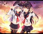  2girls akatsuki_(kantai_collection) bird black_hair black_legwear blue_eyes blue_hair hat hibiki_(kantai_collection) kantai_collection letterboxed long_hair looking_at_viewer multiple_girls ocean open_mouth pantyhose sakamuke salute school_uniform serafuku skirt smile sunset thigh-highs torn_clothes torn_pantyhose torn_thighhighs v violet_eyes zettai_ryouiki 