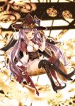  1girl :d absurdres blush boots broom demon_wings full-face_blush gears hat highres jewelry necklace open_mouth original purple_gloves rupe_paperu sitting skirt smile thigh-highs thigh_boots twintails wings witch_hat yellow_eyes 
