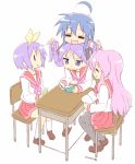  4girls blue_eyes blue_hair blush dated glasses hair_tussle hiiragi_kagami hiiragi_tsukasa izumi_konata long_hair lucky_star multiple_girls nagian pink_hair purple_hair school_uniform serafuku short_hair takara_miyuki twintails 