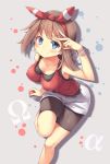  &gt;:) 1girl bike_shorts blue_eyes bracelet brown_hair hair_ribbon haruka_(pokemon) haruka_(pokemon)_(remake) highres holding holding_poke_ball impossible_clothes impossible_shirt jewelry leg_up looking_at_viewer poke_ball pokemon pokemon_(game) pokemon_oras ribbon sleeveless sleeveless_shirt smile snowcanvas solo two_side_up v_over_eye 