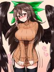  1girl artist_request blush bow breasts brown_hair hair_bow large_breasts long_hair red_eyes reiuji_utsuho sweater thigh-highs touhou wings 