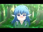  1girl 3: animal_ears anime_coloring blue_eyes blue_hair blush breasts cato_(monocatienus) forest frown japanese_clothes kimono long_hair mermaid monster_girl nature nose_blush outdoors parody solo style_parody tears touhou wakasagihime zettai_bouei_leviathan 