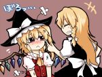  2girls beaten blonde_hair braid bruise crossed_bandaids flandre_scarlet grin hat injury kirisame_marisa long_hair multiple_girls puffy_short_sleeves puffy_sleeves red_eyes rokunen short_hair short_sleeves side_braid side_ponytail smile tears touhou wings witch_hat 