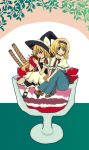  2girls alice_margatroid artist_request ascot blonde_hair blue_eyes blush braid capelet couple food fruit hairband hat highres kirisame_marisa long_hair multiple_girls open_mouth short_hair side_braid smile strawberry touhou witch_hat yellow_eyes 
