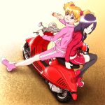  blonde_hair boots bottle fresh_precure! helmet higashi_setsuna long_hair looking_at_viewer midriff momozono_love motor_vehicle motorcycle multiple_girls precure purple_hair red_eyes scooter short_hair shorts sitting smile thigh-highs twintails vehicle vespa 