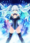  1girl aqua_eyes bare_shoulders black_gloves black_heart bodysuit breasts building chou_megami_shinkou_noire_gekishin_black_heart choujigen_game_neptune circle cleavage crossed_arms elbow_gloves gloves gunbuster_pose highres long_hair looking_at_viewer noire official_art power_symbol smile solo square symbol-shaped_pupils thigh-highs tsunako twintails white_hair 