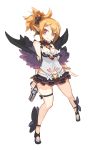  1girl arceonn black_skirt blonde_hair breasts bright_pupils cleavage cosplay crown disgaea earrings feather_boa gun highres jewelry makai_senki_disgaea_2 makai_senki_disgaea_5 mini_crown miniskirt necktie pointy_ears red_eyes rozalin seraphine seraphine_(cosplay) shoes short_hair skirt smile solo standing weapon weapon_connection white_background wide_hips 