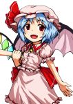  1girl :d bat_wings dress fang flandre_scarlet frilled_dress frills gerijita hat hat_ribbon holding_hand mob_cap open_mouth puffy_short_sleeves puffy_sleeves red_eyes remilia_scarlet ribbon short_sleeves smile touhou wings 