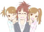  akizuki_ritsuko antenna_hair brown_eyes brown_hair closed_eyes futami_ami futami_mami glasses grin hands_on_shoulders idolmaster multiple_girls nagian open_mouth short_hair smile 