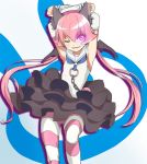 1girl ;) animal_ears black_skirt cat_ears character_request copyright_request frilled_skirt frills glowing glowing_eye haruyama_kazunori long_hair looking_at_viewer one_eye_closed pink_eyes pink_hair skirt smile solo striped striped_legwear twintails 