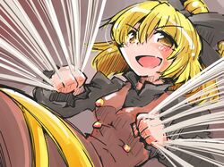  1girl blonde_hair bow dress hair_bow hair_ribbon kurodani_yamame open_mouth ponytail ribbon shinapuu short_hair silk sketch smile solo spider_web touhou yellow_eyes 