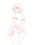  1girl :o ass blush buruma from_behind gomi_(gomitin) gym_uniform looking_at_viewer mizuhashi_parsee monochrome open_mouth short_hair sketch solo thighs touhou volleyball 