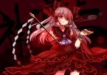  1girl ascot bow bracelet dark_persona detached_sleeves dress facial_tattoo gohei hair_bow hair_tubes hakurei_reimu jewelry light_trail long_hair long_sleeves maga-reimu pipe red_dress red_eyes silver_hair solo tattoo touhou wide_sleeves yetworldview_kaze 