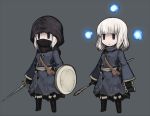 binoculars blue_eyes boots chibi commentary_request covered_mouth dark_souls_2 flat_gaze gloves hood null_(nyanpyoun) shield silver_hair simple_background souls_(from_software) staff sword weapon 