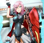  1girl asymmetrical_hair blue_eyes breasts cape faceless faceless_female faceless_male final_fantasy final_fantasy_xiii gloves leotard lightning_farron lightning_returns:_final_fantasy_xiii long_hair pija_(pianiishimo) pink_hair short_hair sweatdrop train train_interior 