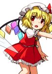  1girl blonde_hair fang flandre_scarlet frilled_skirt frills gerijita hat hat_ribbon mob_cap puffy_short_sleeves puffy_sleeves red_eyes ribbon short_hair short_sleeves side_ponytail skirt touhou vest wings 