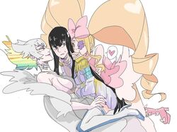  3girls black_hair blonde_hair boots bow drill_hair epaulettes eyepatch hair_bow hand_on_another&#039;s_chin harime_nui heart kill_la_kill kiryuuin_ragyou kiryuuin_satsuki long_hair mother_and_daughter multiple_girls rainbow_hair roricstar1 sandwiched spoken_heart thigh-highs thigh_boots twin_drills twintails 