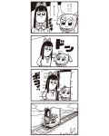  2girls 4koma :3 bkub bow broken_wall clouds comic hair_bow highres long_hair monochrome mountain multiple_girls payot pipimi poptepipic popuko rabbit railroad_tracks school_uniform serafuku simple_background speed_lines translated two_side_up wall 
