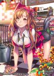  1girl all_fours apron bow brown_eyes brown_hair bucket cake checkered checkered_floor copyright_name flower food lights long_hair official_art original pink_apron qurare_magic_library rag shorts smile solo untied xxinainaxx 